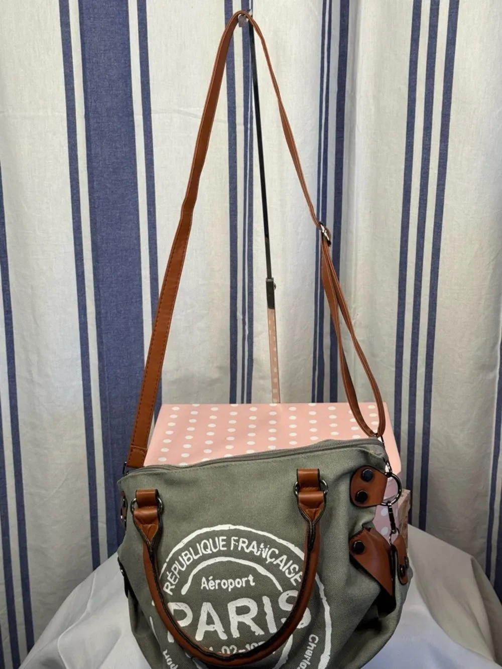 Paris Republique Gray Stamped Canvas Messenger Bag with White Stamp